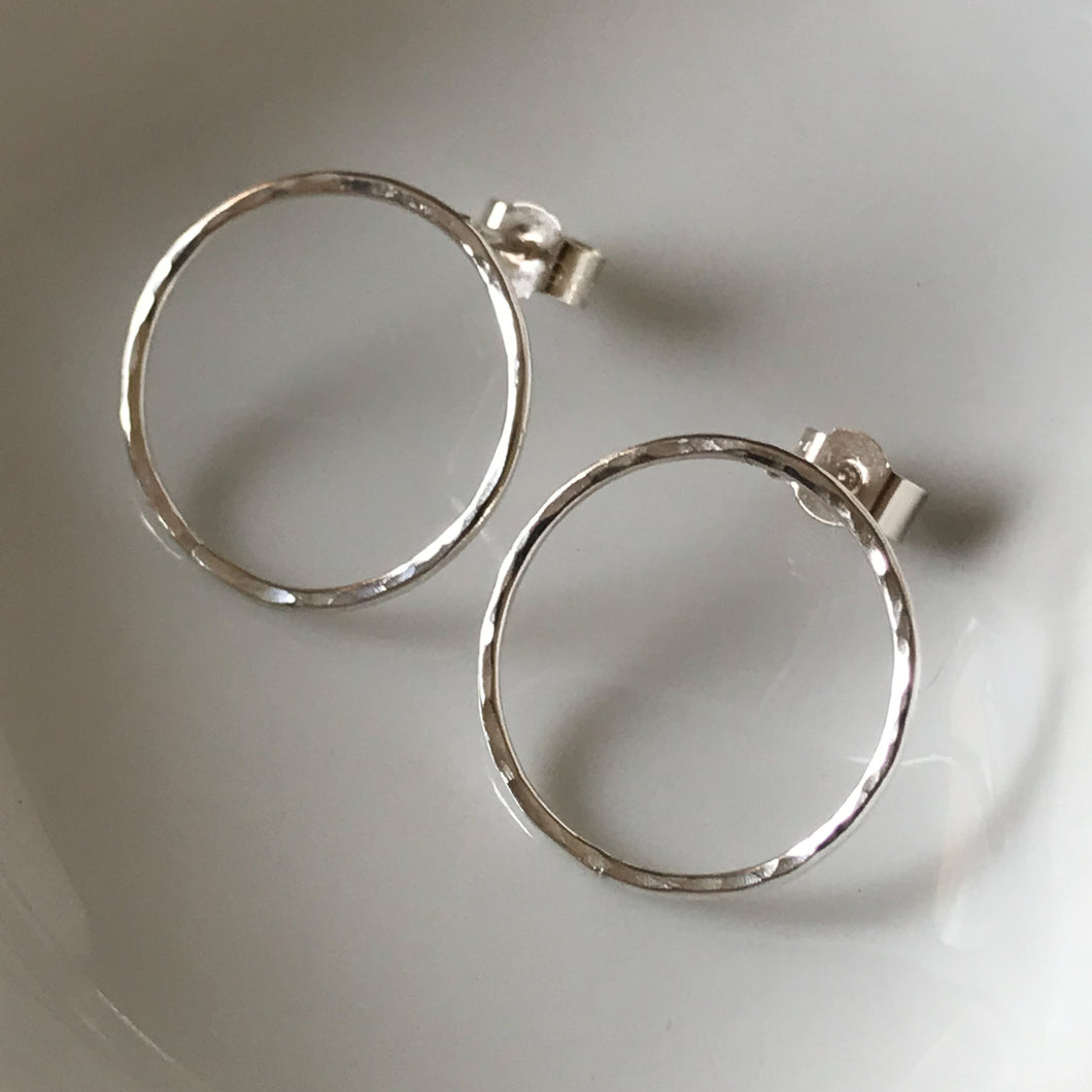 Large Hammered Silver Open Circle Stud Earrings